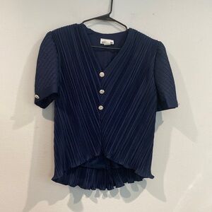 After Dark Vintage Navy Blue Button Down Blouse with Shoulder pads - Size 12